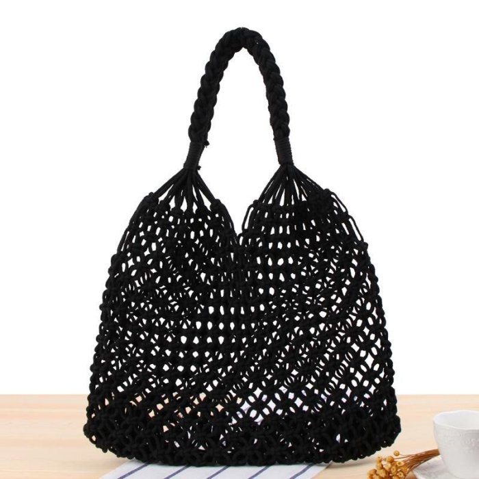 ブラック ハンドメイド 編み夏バッグ